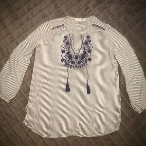 Old Navy Peasant Blouse Embroidered with Vertical Stripes White&Navy Size: Small